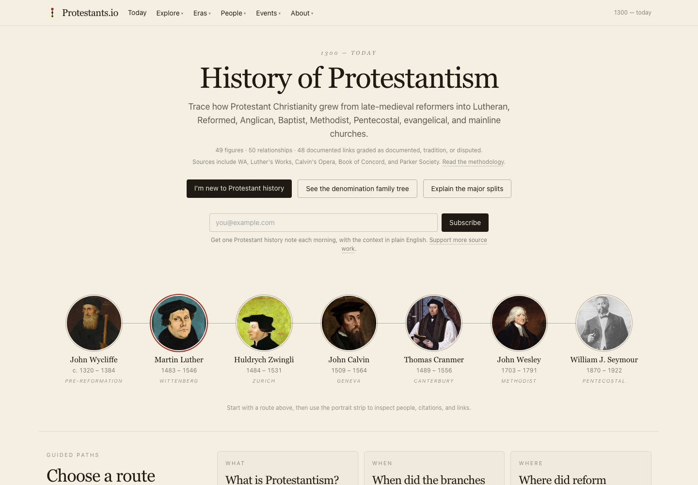 Screenshot of the Protestants.io Reformation history graph